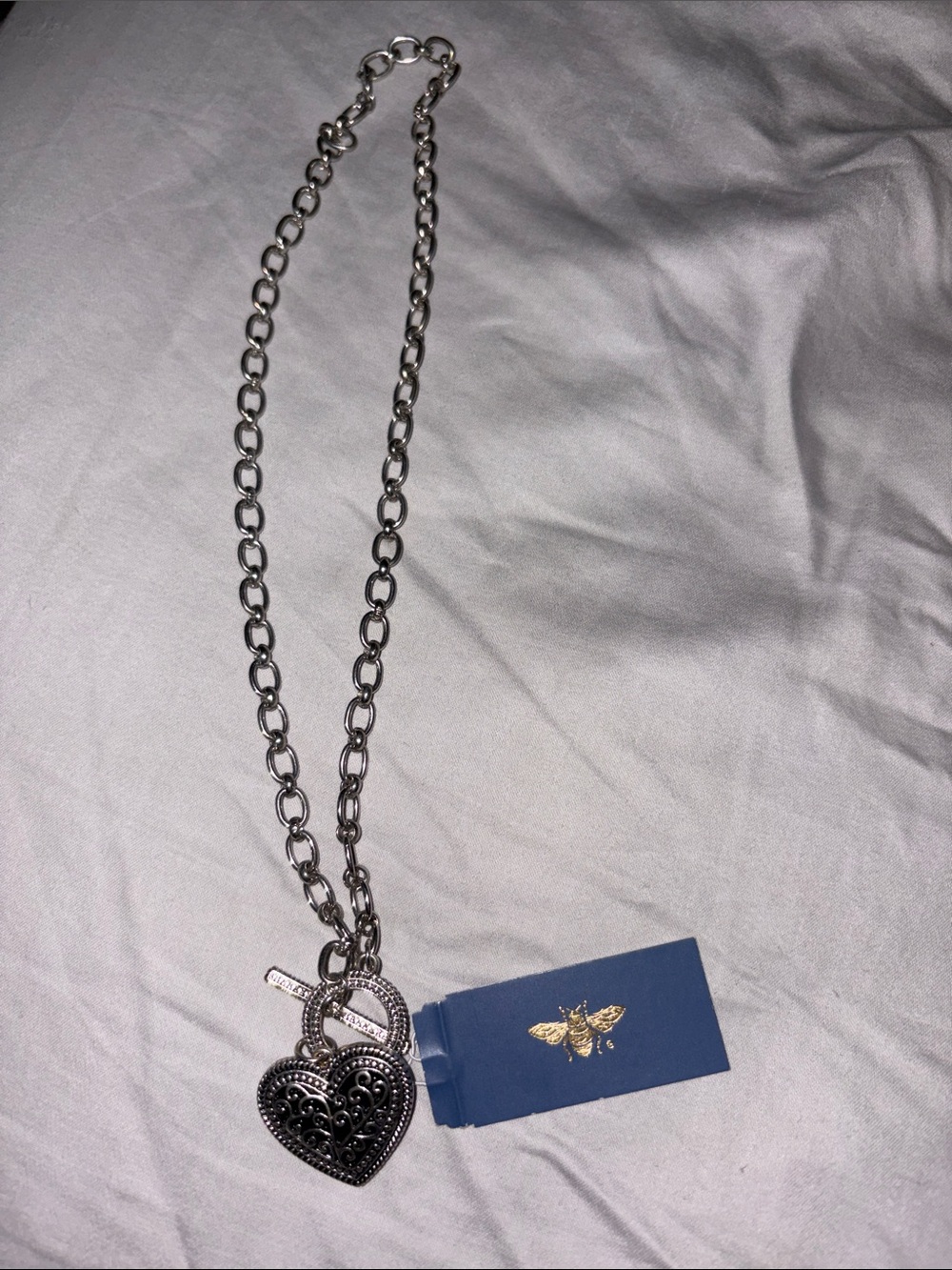 Silver Heart Padlock Chain Necklace with Bee Tag